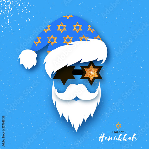 Happy Hanukkah greeting card. Jewish holidays. Chanukah. Star David glowing. Merry Christmukkah Santa. Christmas and Hanukkah.