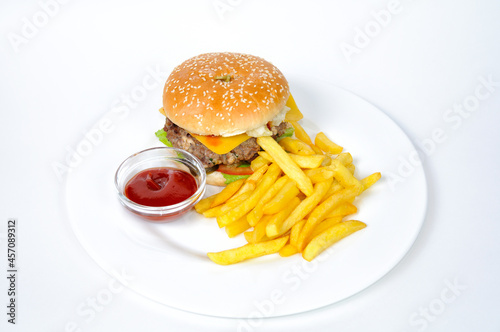 The burger and fries with tomato sauce.