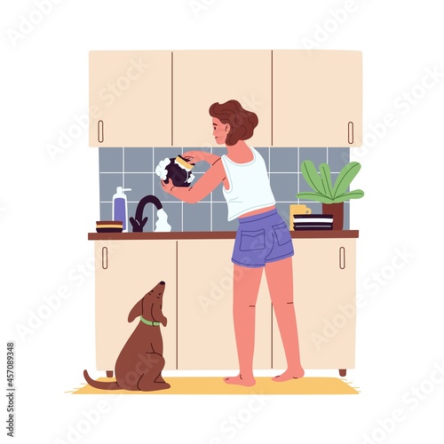 Woman washing dishes with dog in kitchen at home. Happy female cleaning plate at sink with pet. Everyday housework with tableware. Flat vector illustration of household daily routine