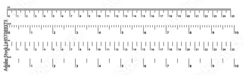 Inch and metric rulers set. 10 inches and 25 centimeters. Centimeters and inches measuring scale. 