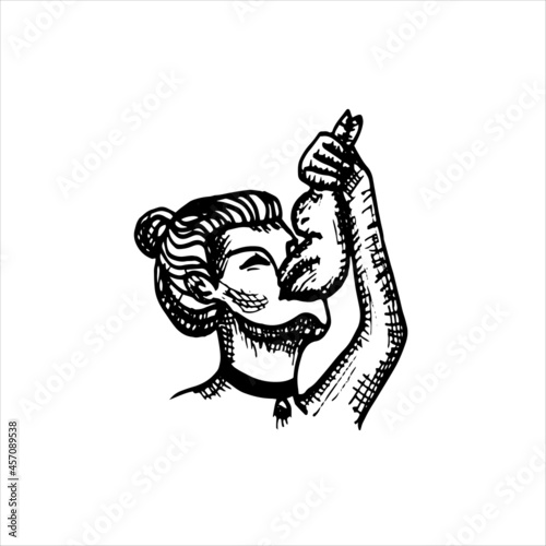 woman swallows a rabbit whole - engraving vector drawing. vintage drawing on the theme of a scary circus