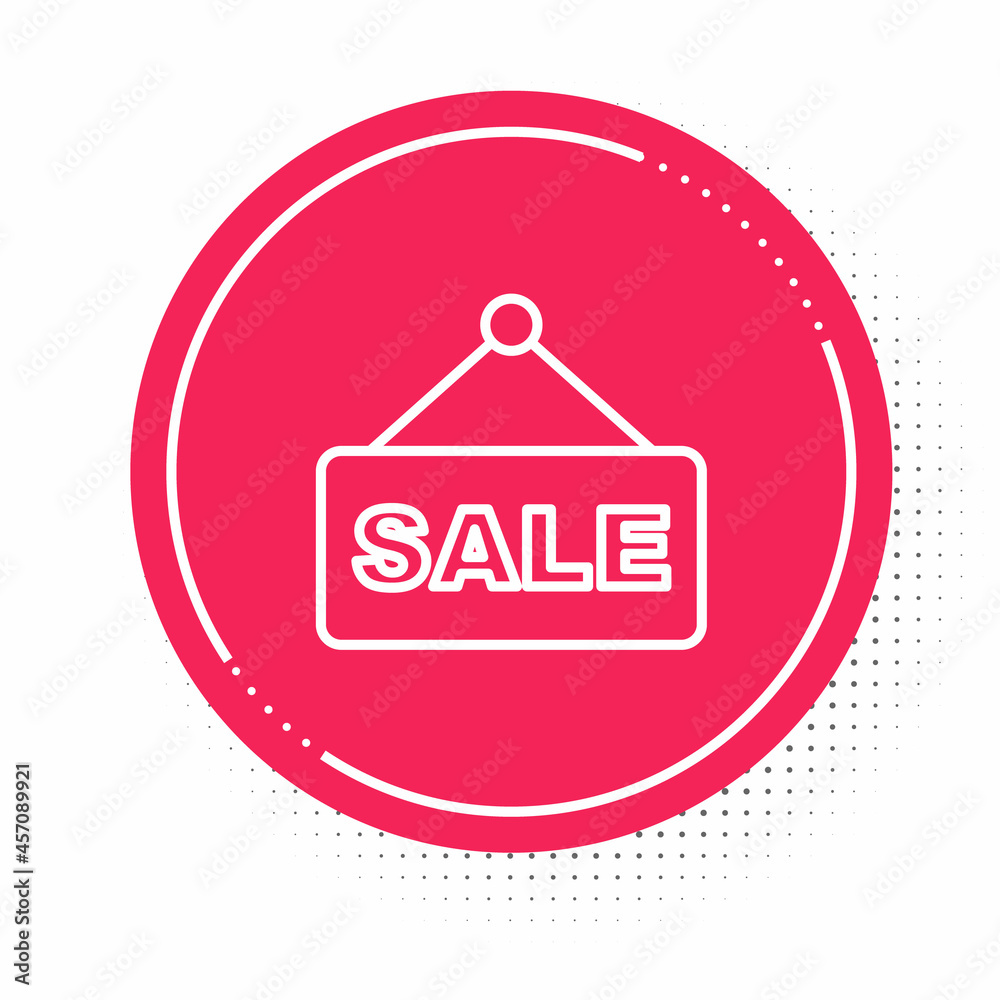 White line Hanging sign with text Sale icon isolated on white background. Signboard with text Sale. Red circle button. Vector White line Hanging sign with text Sale icon isolated on white background. Signboard with text Sale. Red circle button. Vector