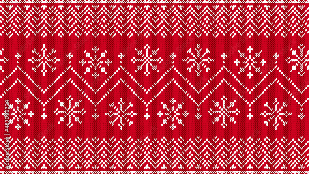 Knit seamless pattern. Christmas print. Red knitted sweater background. Xmas winter texture with zigzag and snowflkes. Holiday fair isle traditional ornament. Wool pullover. Vector illustration. Knit seamless pattern. Christmas print. Red knitted sweater background. Xmas winter texture with zigzag and snowflkes. Holiday fair isle traditional ornament. Wool pullover. Vector illustration.