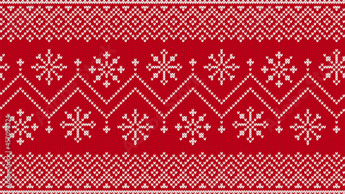 Knit seamless pattern. Christmas print. Red knitted sweater background. Xmas winter texture with zigzag and snowflkes. Holiday fair isle traditional ornament. Wool pullover. Vector illustration.