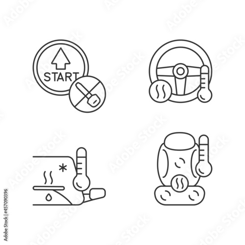 Modern automotive features linear icons set. Push button start. Providing comfort to driver. Defrosting. Customizable thin line contour symbols. Isolated vector outline illustrations. Editable stroke