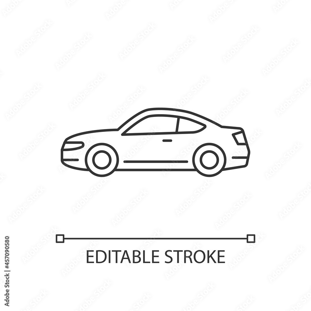 Coupe car linear icon. Two-door sports automobile. Performance-oriented vehicle. Fixed roof. Thin line customizable illustration. Contour symbol. Vector isolated outline drawing. Editable stroke Coupe car linear icon. Two-door sports automobile. Performance-oriented vehicle. Fixed roof. Thin line customizable illustration. Contour symbol. Vector isolated outline drawing. Editable stroke