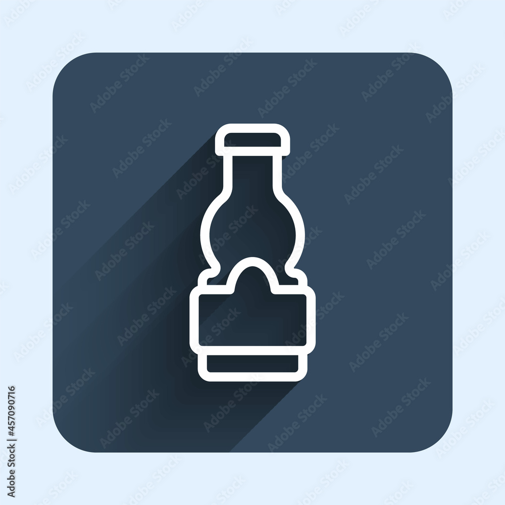 White line Sauce bottle icon isolated with long shadow background. Ketchup, mustard and mayonnaise bottles with sauce for fast food. Blue square button. Vector