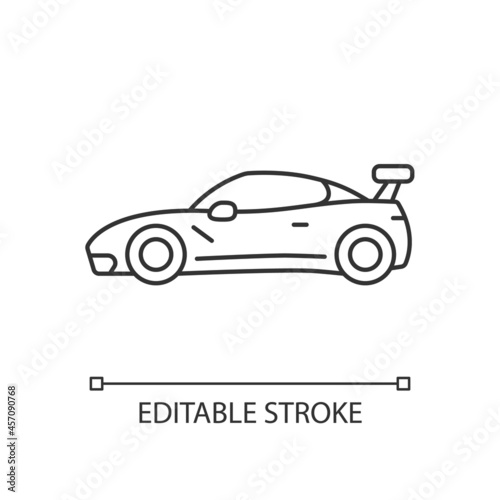 Supercar linear icon. High-performance luxury sports vehicle. Exotic car. World-class auto. Thin line customizable illustration. Contour symbol. Vector isolated outline drawing. Editable stroke