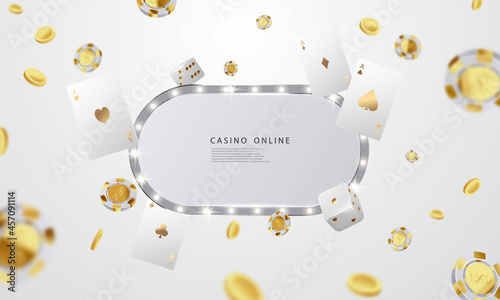 casino Online. Smartphone or mobile phone, slot machine, casino chips flying realistic tokens for gambling, cash for roulette or poker,