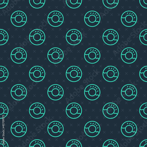 Green line Donut with sweet glaze icon isolated seamless pattern on blue background. Vector