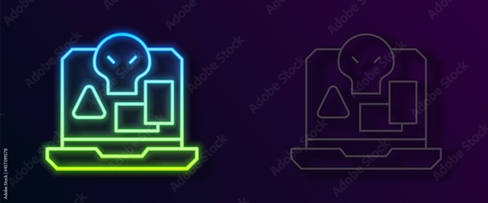 Glowing neon line Internet piracy icon isolated on black background. Online piracy. Cyberspace crime with file download and movies sharing. Vector Glowing neon line Internet piracy icon isolated on black background. Online piracy. Cyberspace crime with file download and movies sharing. Vector