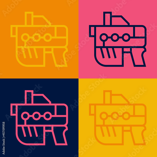 Pop art line Futuristic space gun blaster icon isolated on color background. Laser Handgun. Alien Weapon. Vector