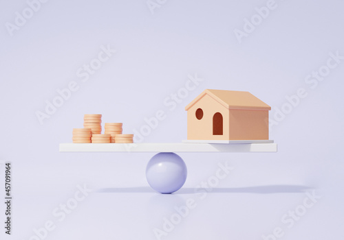 Money coins and home with balance scales concept. compare price finance real estate business investment education with cartoon minimal. 3D render. illustration