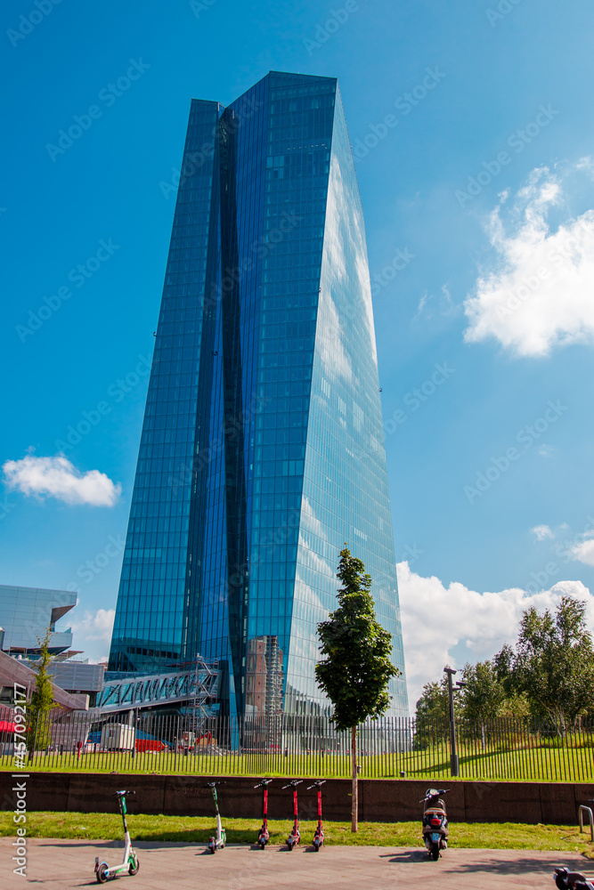 Mainz, Germany September 10, 2021: Architecture. Close-up of Skyline ECB -  European Central Bank on Cloud-Sky. View from the Oskar-von-Miller-Street.  Business and Financial Center Frankfurt am Main Stock Photo | Adobe Stock