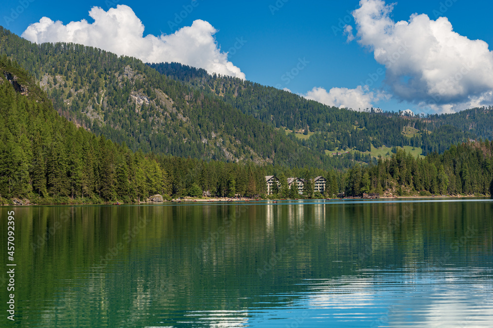 Pragser Wildsee or Lago di Braies, small alpine beautiful lake in Braies valley, Dolomites, UNESCO world heritage site, South Tyrol, Trentino-Alto Adige, Bolzano province, Italy, Europe.