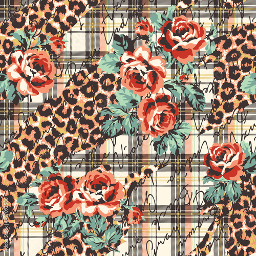 Roses flowers with typography leopard skin and tartan plaid background abstract vector seamless pattern