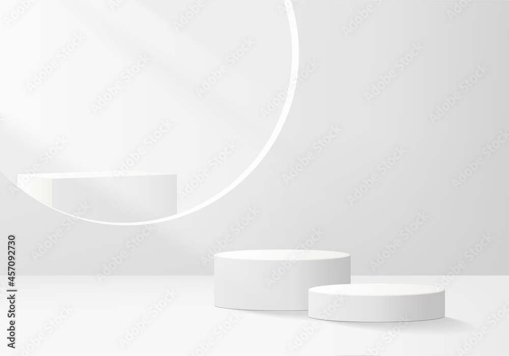 3d background products display podium scene with white stone gray platform. background vector 3d rendering with podium. stand to show cosmetic product. Stage showcase on pedestal display white studio - obrazy, fototapety, plakaty 