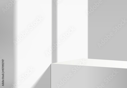 3d background products display podium scene with white stone gray platform. background vector 3d rendering with podium. stand to show cosmetic product. Stage showcase on pedestal display white studio