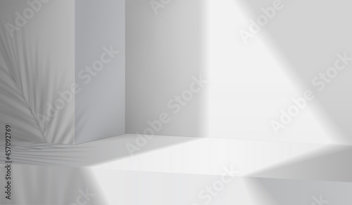 3d background products display podium scene with white stone gray platform. background vector 3d rendering with podium. stand to show cosmetic product. Stage showcase on pedestal display white studio