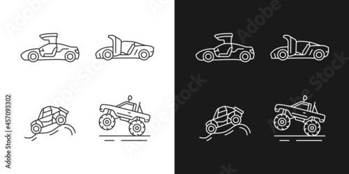 Driving specially-modified vehicles linear icons set for dark and light mode. Hinge mechanism. Off road racing. Customizable thin line symbols. Isolated vector outline illustrations. Editable stroke