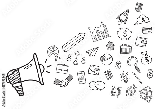 Megaphone with Business doodles hand drawn icons