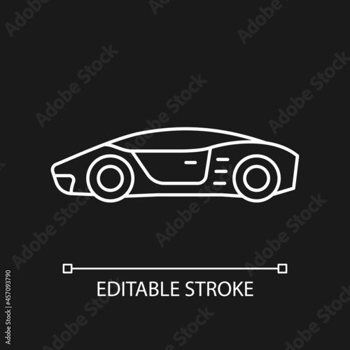 Supercar white linear icon for dark theme. High-performance luxury sports vehicle. Exotic car. Thin line customizable illustration. Isolated vector contour symbol for night mode. Editable stroke