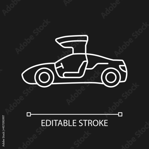 Gullwing-doored vehicle white linear icon for dark theme. Automobile with falconwing doors. Thin line customizable illustration. Isolated vector contour symbol for night mode. Editable stroke © bsd studio