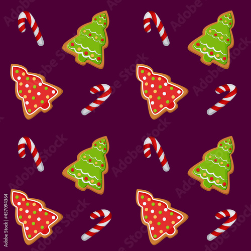Pattern illustration with a picture of Christmas cookies with gingerbread for the design of printing, fabrics, postcards, wallpaper. Sweet food