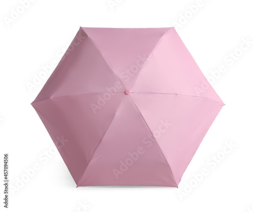 Stylish open pink umbrella isolated on white