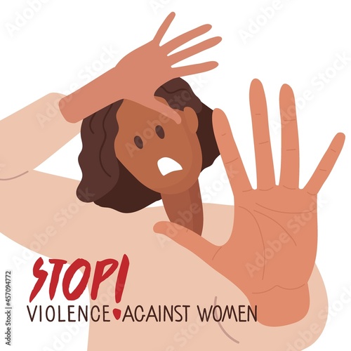 Woman defends herself by extending her arm forward. Woman, suffering from violence. Stop violence against women inscription. International day for the elimination of violence against women. Flat