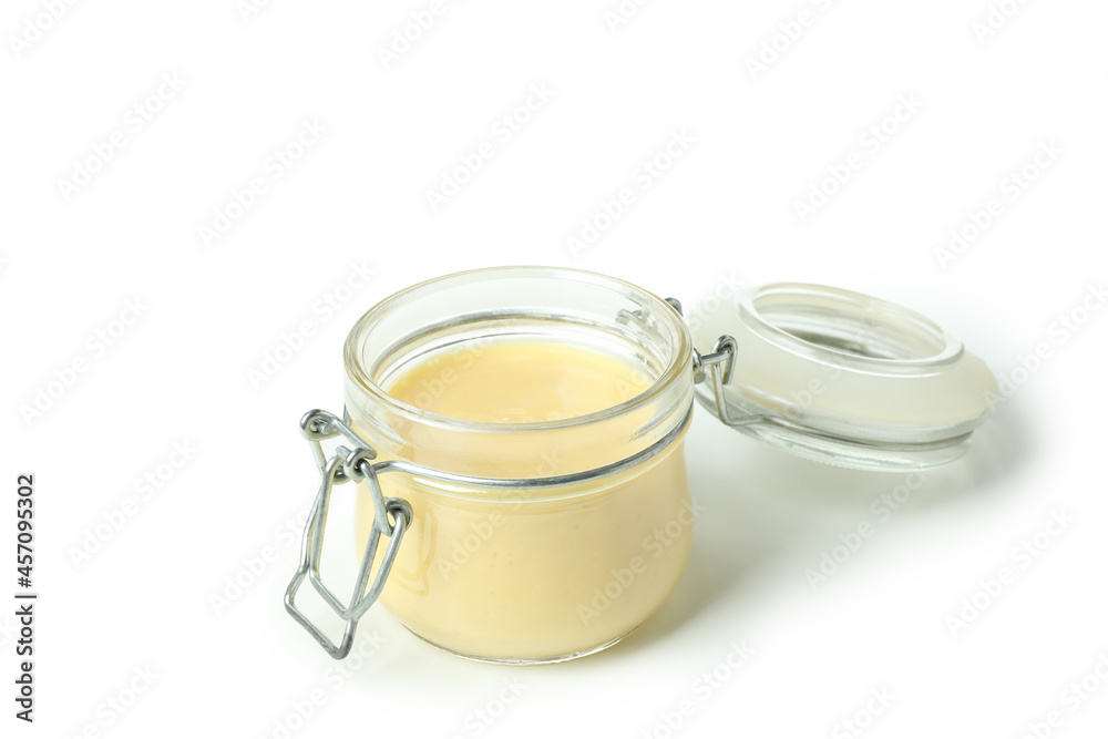 Glass jar with peach yogurt isolated on white background Glass jar with peach yogurt isolated on white background