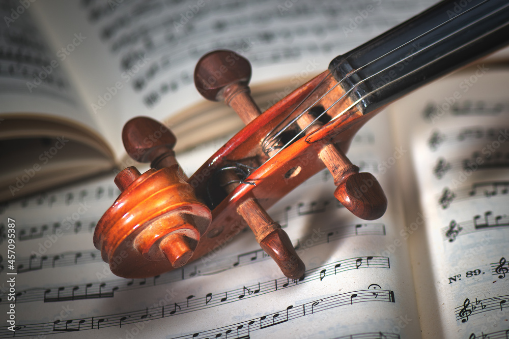 Fototapeta premium Detail of a violin handle resting on a score