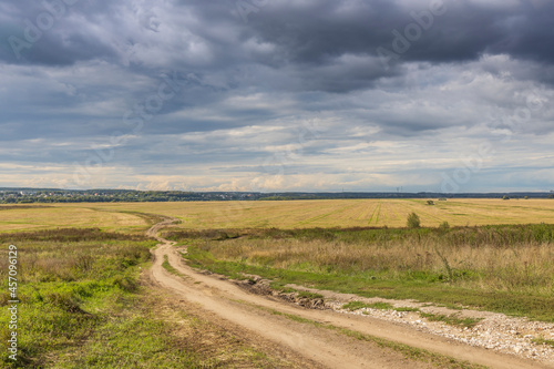 Road through fields. Country road in summer field and clouds on blue sky. © Sergei