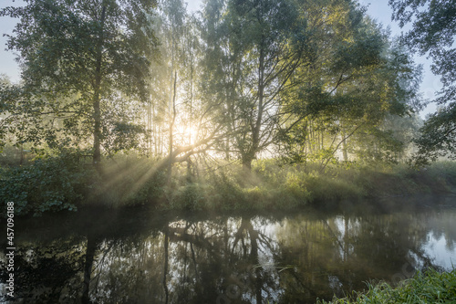 Beautiful morning landscape with sunrise over river. Early fresh morning landscape. Mist over the water. Sunbeams through the trees. Green overgrown coast meandering river.