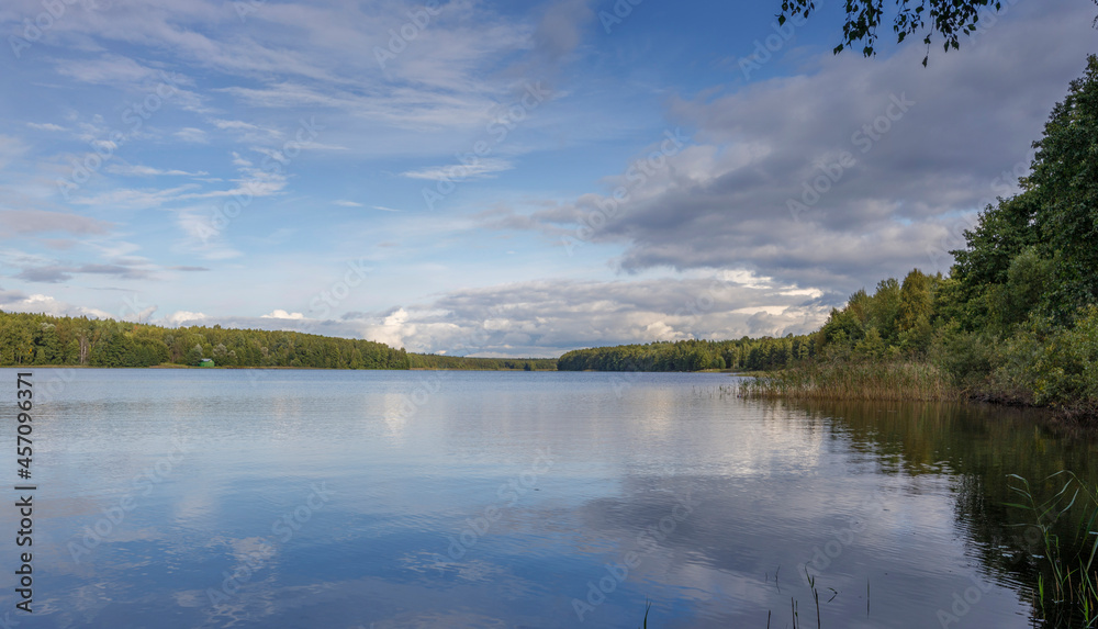 Fototapeta premium Sunny day on a calm river in summer. The blue sky is reflected in the water. Landscape with a lake and a strip of forest on the horizon.