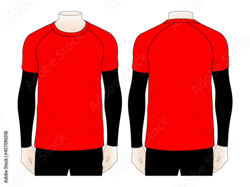 Sport Red Raglan Short Sleeve T-Shirt and Arm Sleeve With UV Protection Vector.Front and Back View.