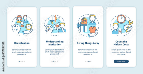 Challenging consumerism onboarding mobile app page screen. Stop excessive buying walkthrough 4 steps graphic instructions with concepts. UI, UX, GUI vector template with linear color illustrations