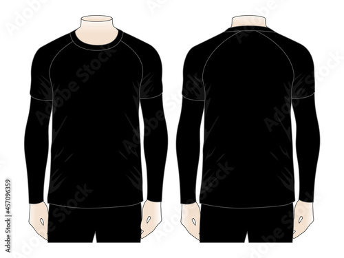 Sport Black Raglan Short Sleeve T-Shirt and Arm Sleeve With UV Protection Vector.Front and Back View.