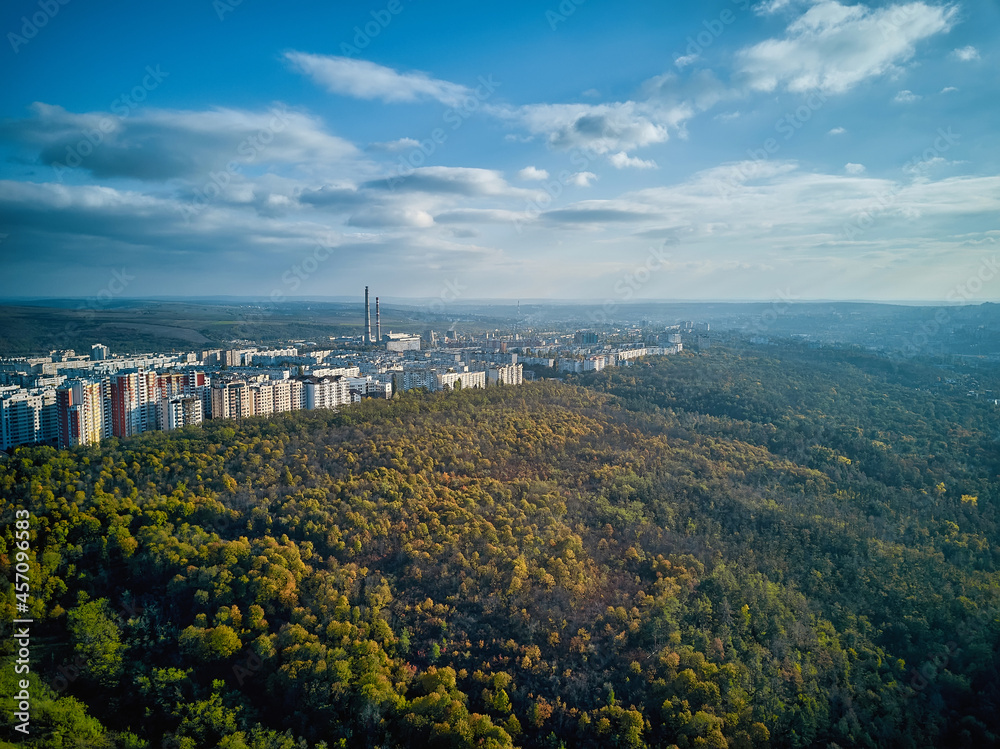 Aerial view of the city at sunset. Beautiful autumn city landscape. Kishinev, Moldova republic of.