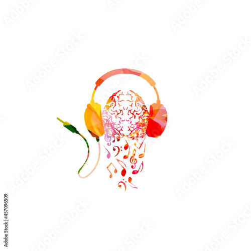 Colorful human brain with musical notes and headphones. Musical poster for mental wellbeing, listening music, relaxing, having fun vector illustration design