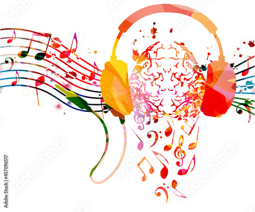 Colorful human brain with musical notes and headphones. Musical poster for mental wellbeing, listening music, relaxing, having fun vector illustration design