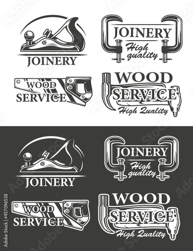 Set of the vintage posters on carpentry service theme with saw, hammer and other elements