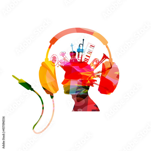 Colorful man with musical instruments and headphones. Musical poster with cello, trumpet, piano, sax, guitar and euphonium for listening music, relaxing, having fun vector illustration design