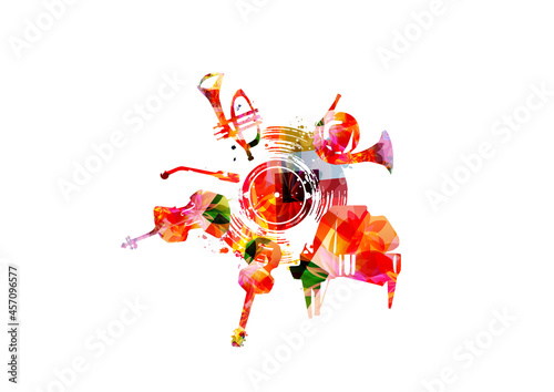 Musical promotional poster with musical instruments and lp vinyl record disc vector illustration. Artistic colorful design with vinyl record for concert events, music festivals and shows, party flyer