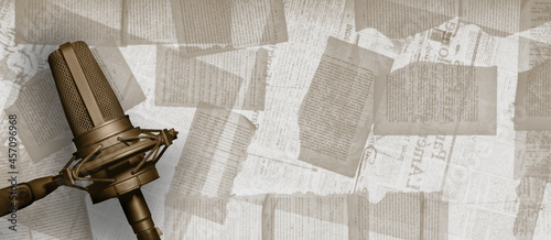 Historical, novels or drama podcast background with microphone and wall of book pages. Narrative podcasting banner with copy space