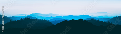 Blue landscape background banner panorama illustration painting -.Breathtaking view with black silhouette of mountains, hills and forest.