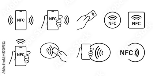NFC payment with smartphone set icons. NFC Technology icon collection. Contactless NFC payment sign. Stock vector