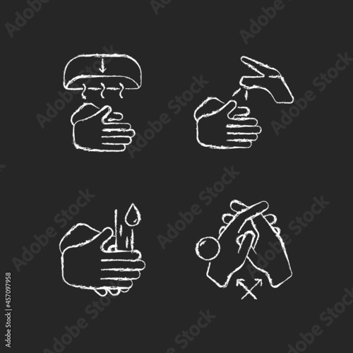 Proper handwashing chalk white icons set on dark background. Hand-drying method. Wetting hands with water. Rub palms together. Interlink fingers. Isolated vector chalkboard illustrations on black