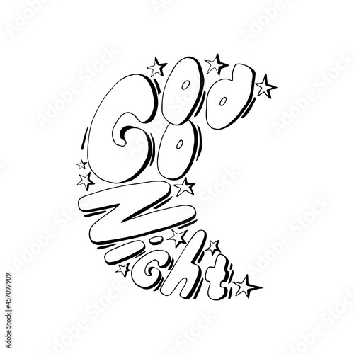 Good night doodling lettering, moon shape, crescent moon, star, hand contour drawing. Isolated, white background. Vector illustration
