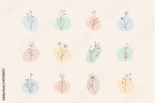 Instagram story highlight icon. Set of doodle element with flower and leaf. Boho flower logo design. Logo for boutique, floral shop, eco product. Hand drawn vector illustration